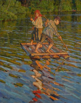 CHILDREN ON A RAFT Nikolay Bogdanov Belsky kids child impressionism Oil Paintings